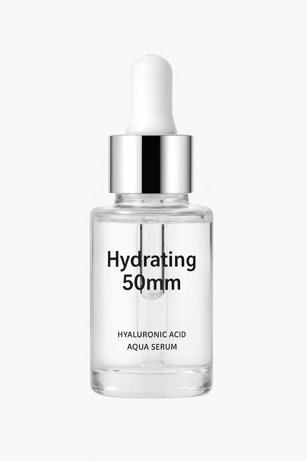 Clear skincare dropper bottle against a plain light background