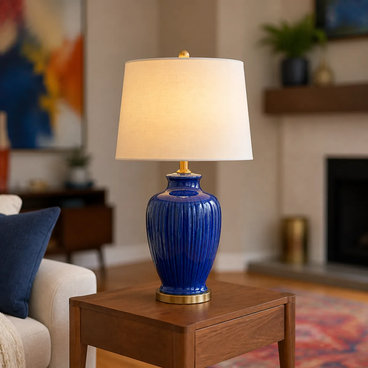 Blue ceramic lamp on a wooden table in a warmly lit room