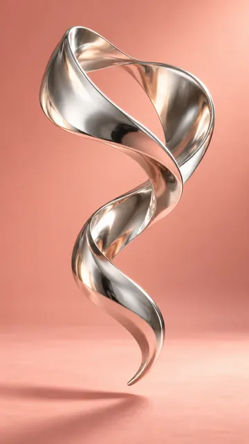 Fluid polished silver sculpture casting soft shadows on a coral-pink studio backdrop